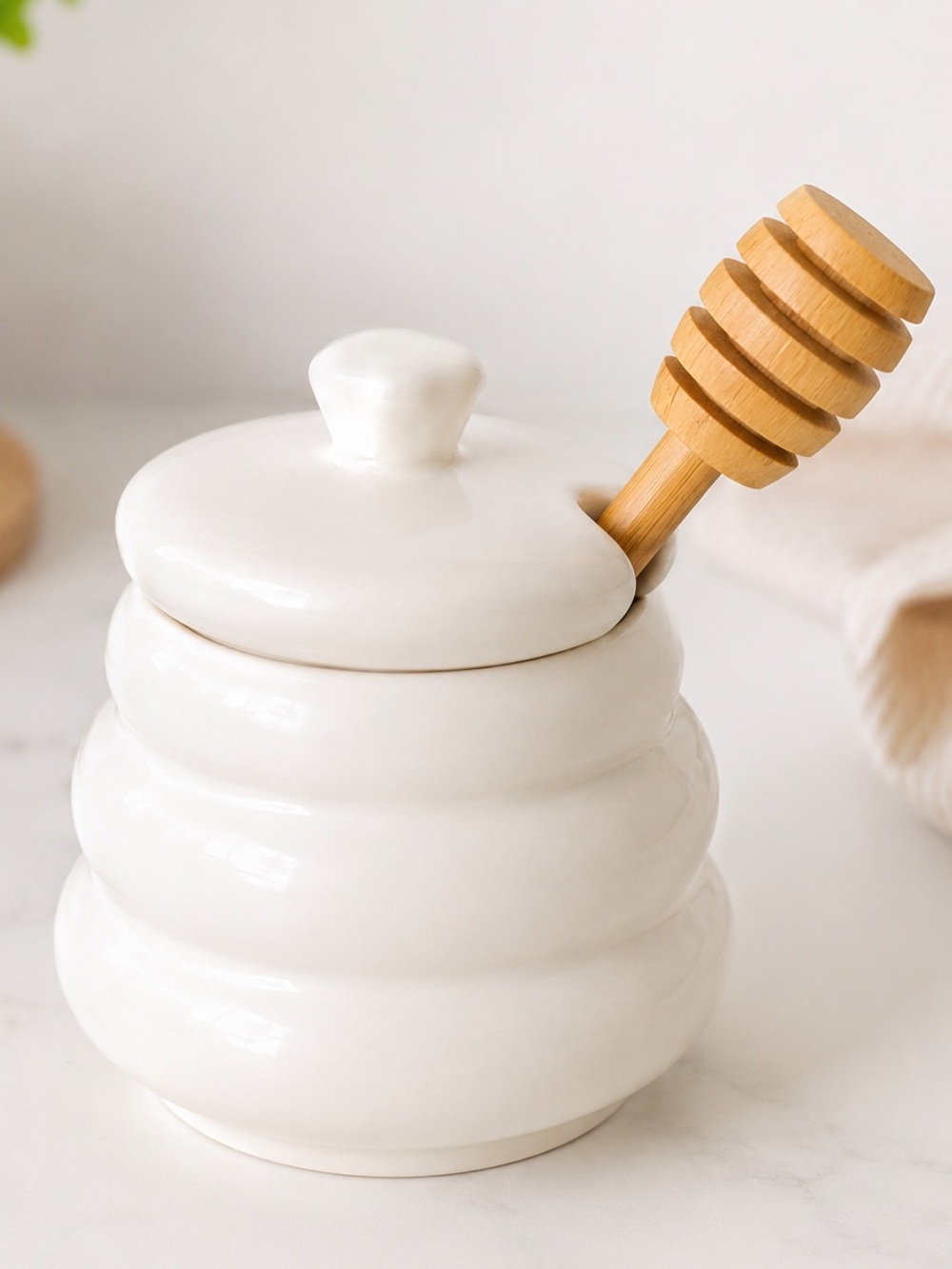 White Ceramic Honey Pot Jar w/ Wooden Dipper Spoon